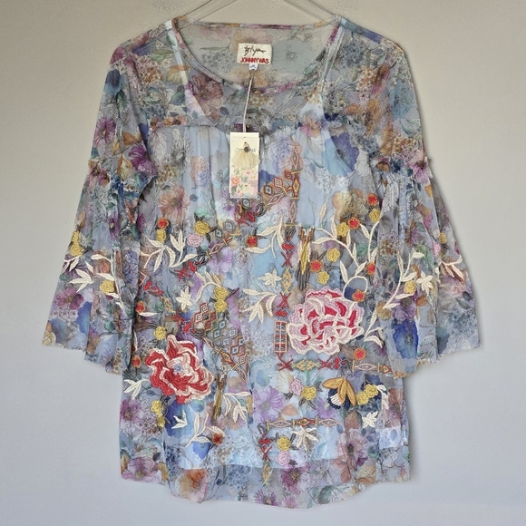 NWT Johnny Wash Flora Dancer Mesh Floral Embroidered Sheer Top Size XS - Picture 1 of 15
